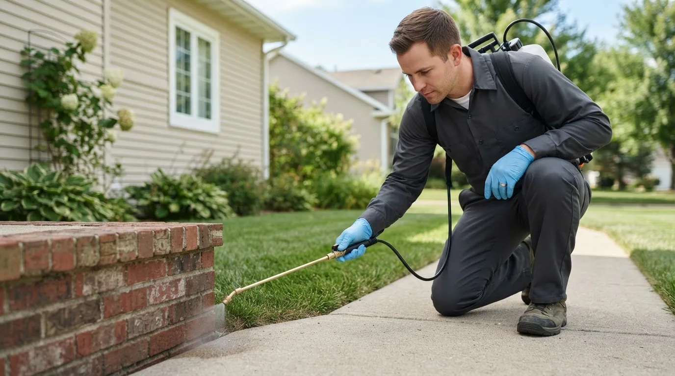 Pest control technician treating a home near Roberts, ID